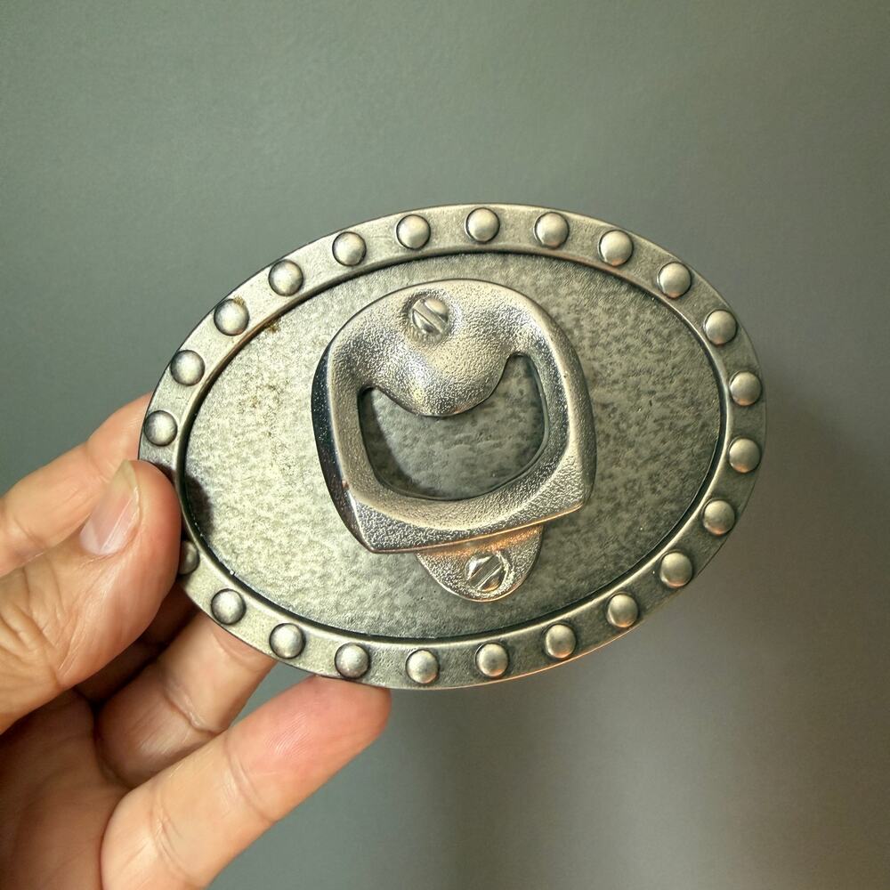 Vintage Silver Tone Belt Buckle Bottle Opener Textured Rivet Western Cowboy